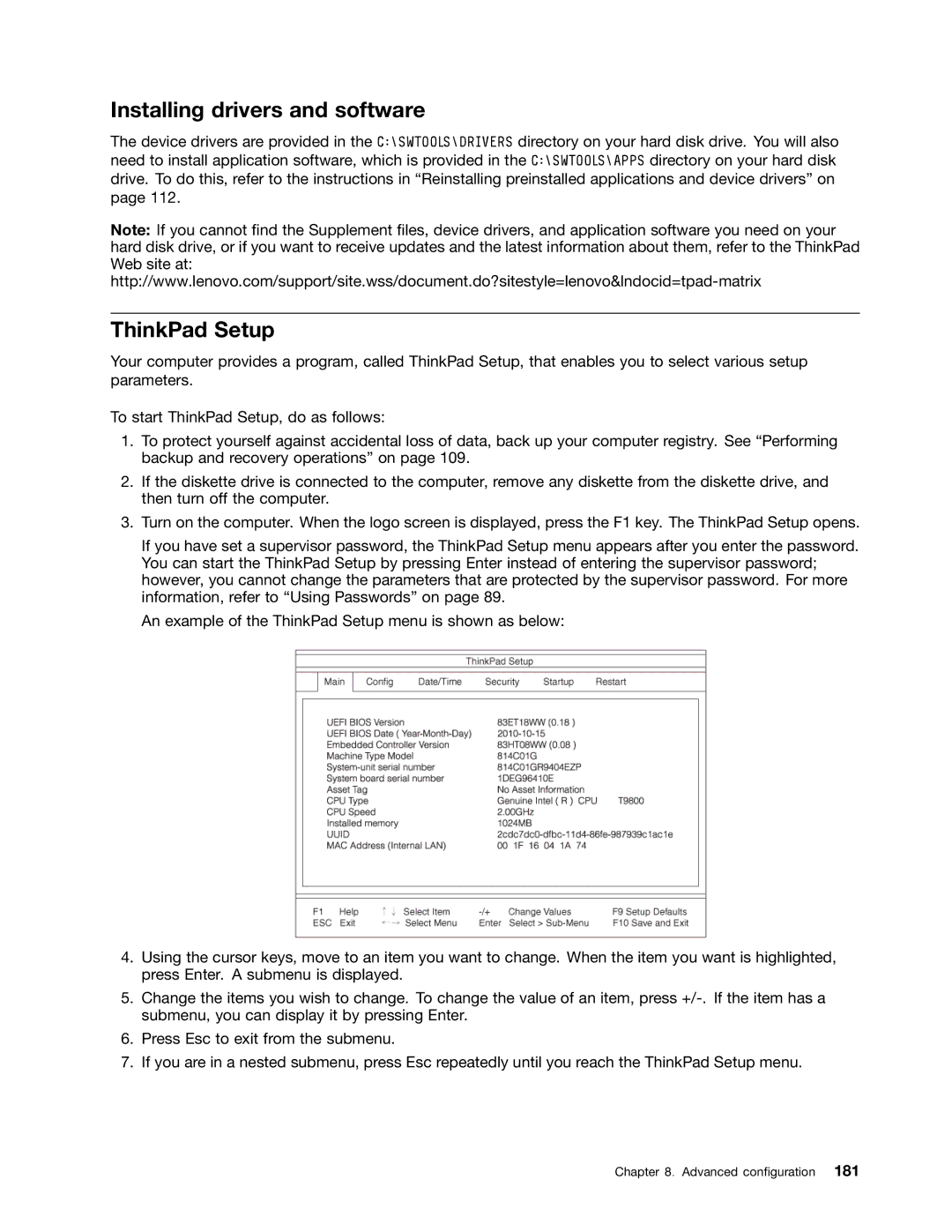 Lenovo 429040 manual Installing drivers and software, ThinkPad Setup 