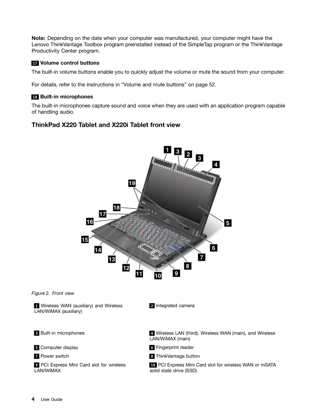 Lenovo 429040 manual ThinkPad X220 Tablet and X220i Tablet front view, Volume control buttons, Built-in microphones 