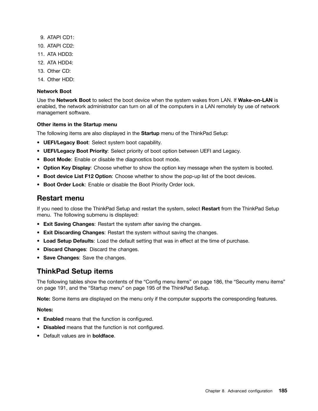 Lenovo 429040 manual Restart menu, ThinkPad Setup items, Network Boot, Other items in the Startup menu 