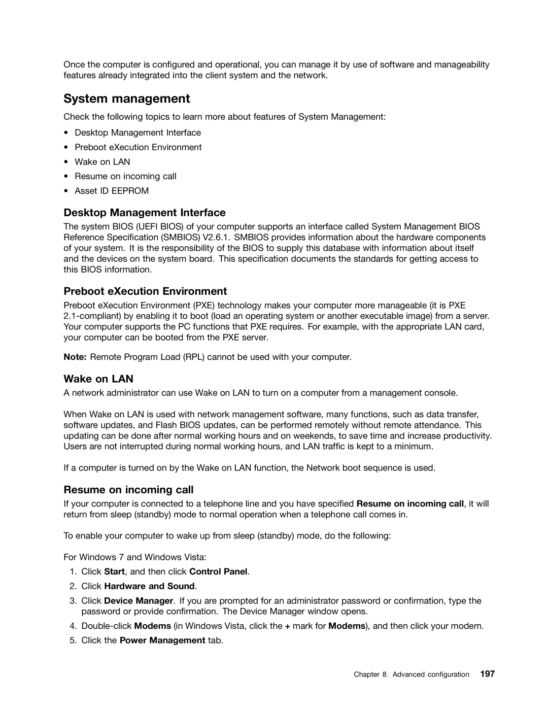 Lenovo 429040 manual System management, Desktop Management Interface, Preboot eXecution Environment, Wake on LAN 