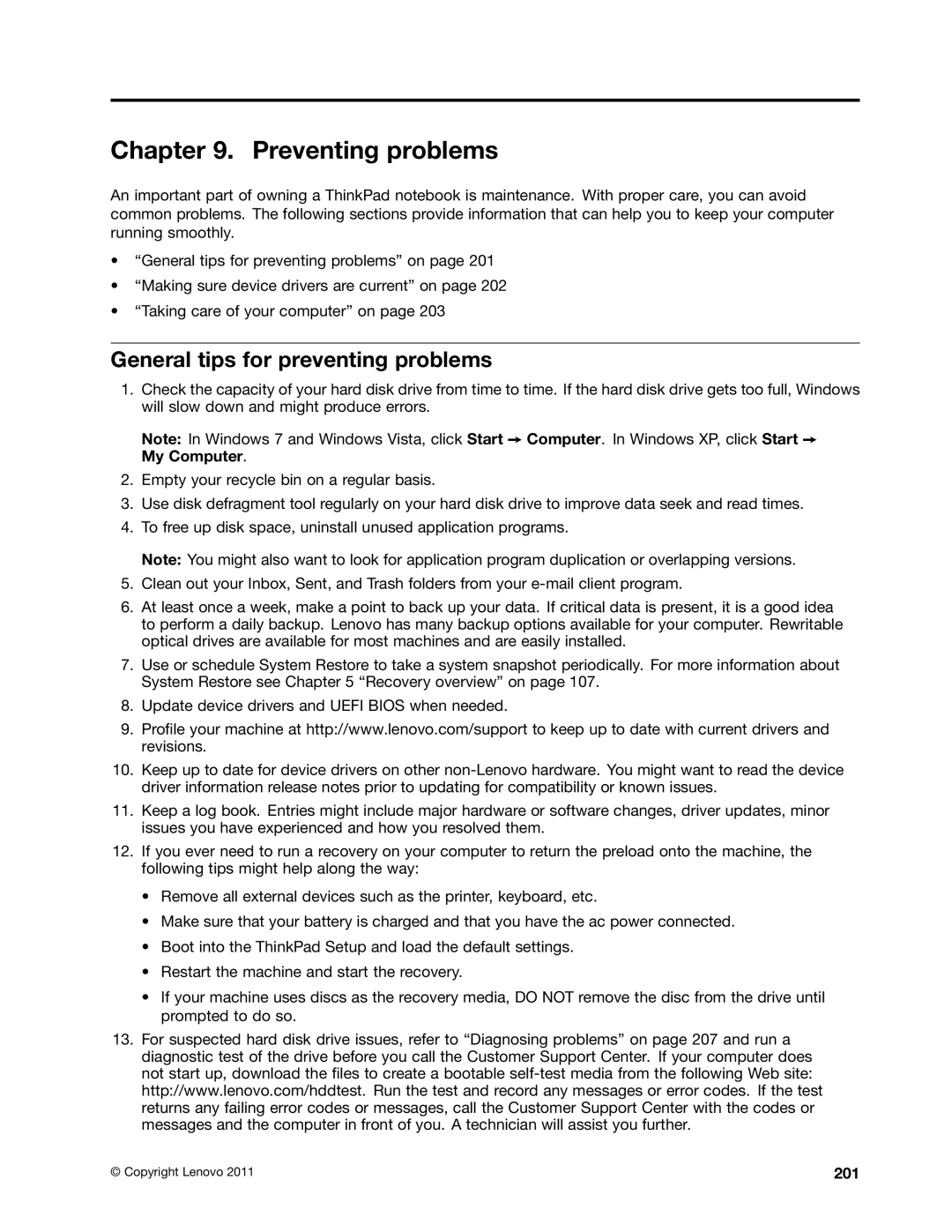 Lenovo 429040 manual Preventing problems, General tips for preventing problems, 201 