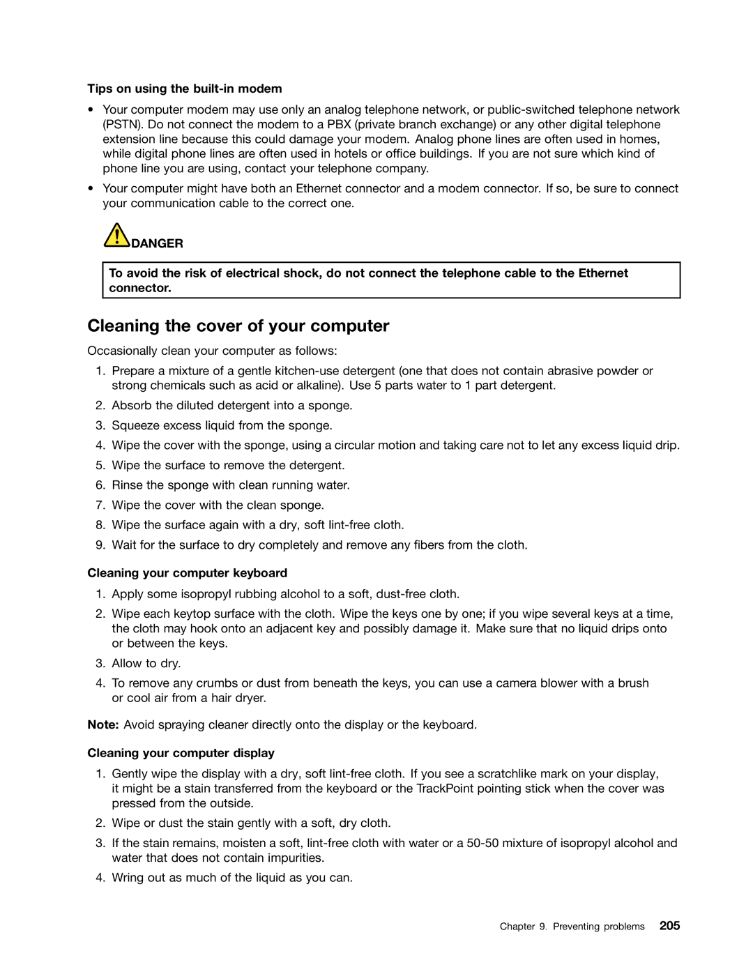 Lenovo 429040 manual Cleaning the cover of your computer, Tips on using the built-in modem, Cleaning your computer keyboard 