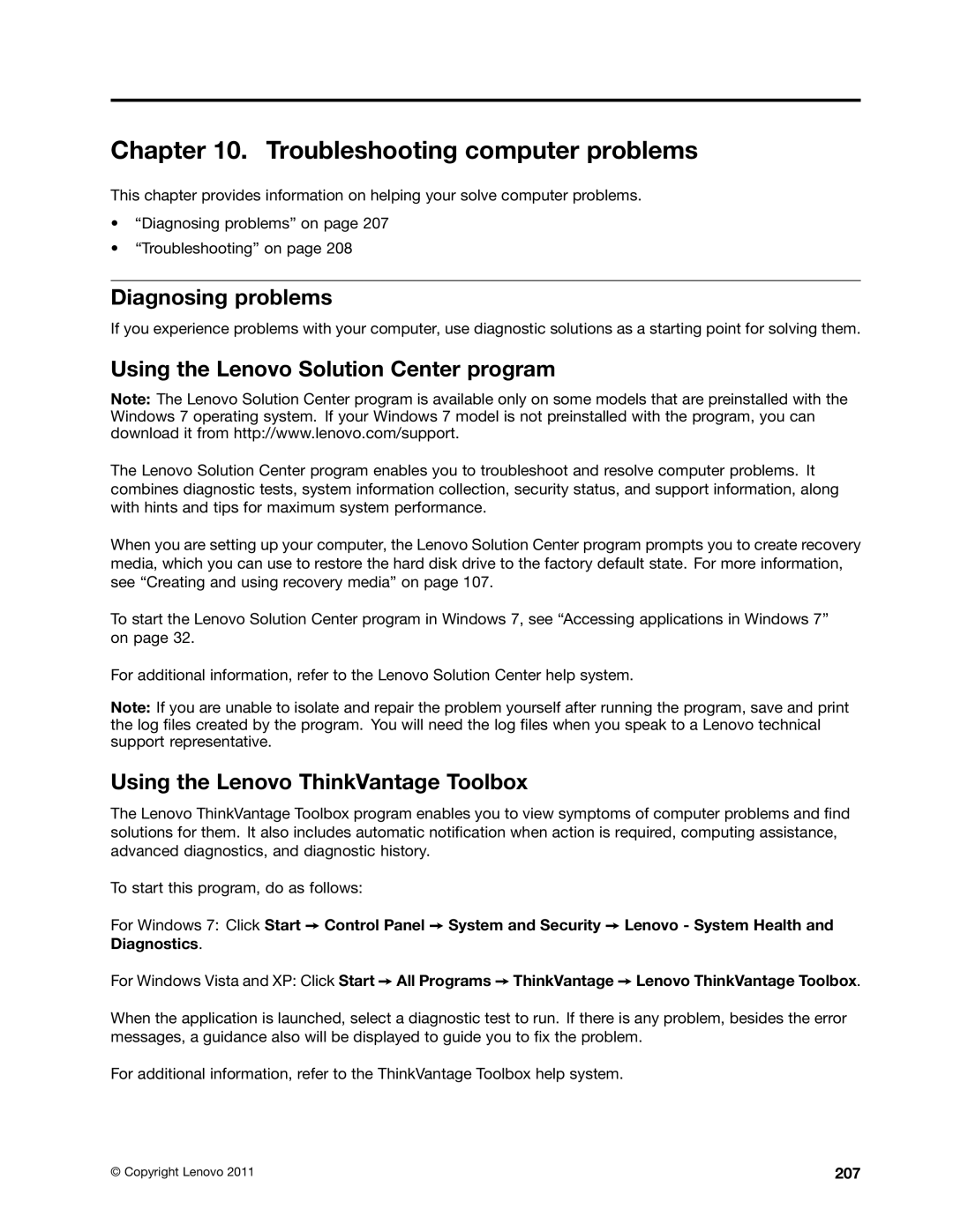 Lenovo 429040 manual Troubleshooting computer problems, Diagnosing problems, Using the Lenovo Solution Center program, 207 