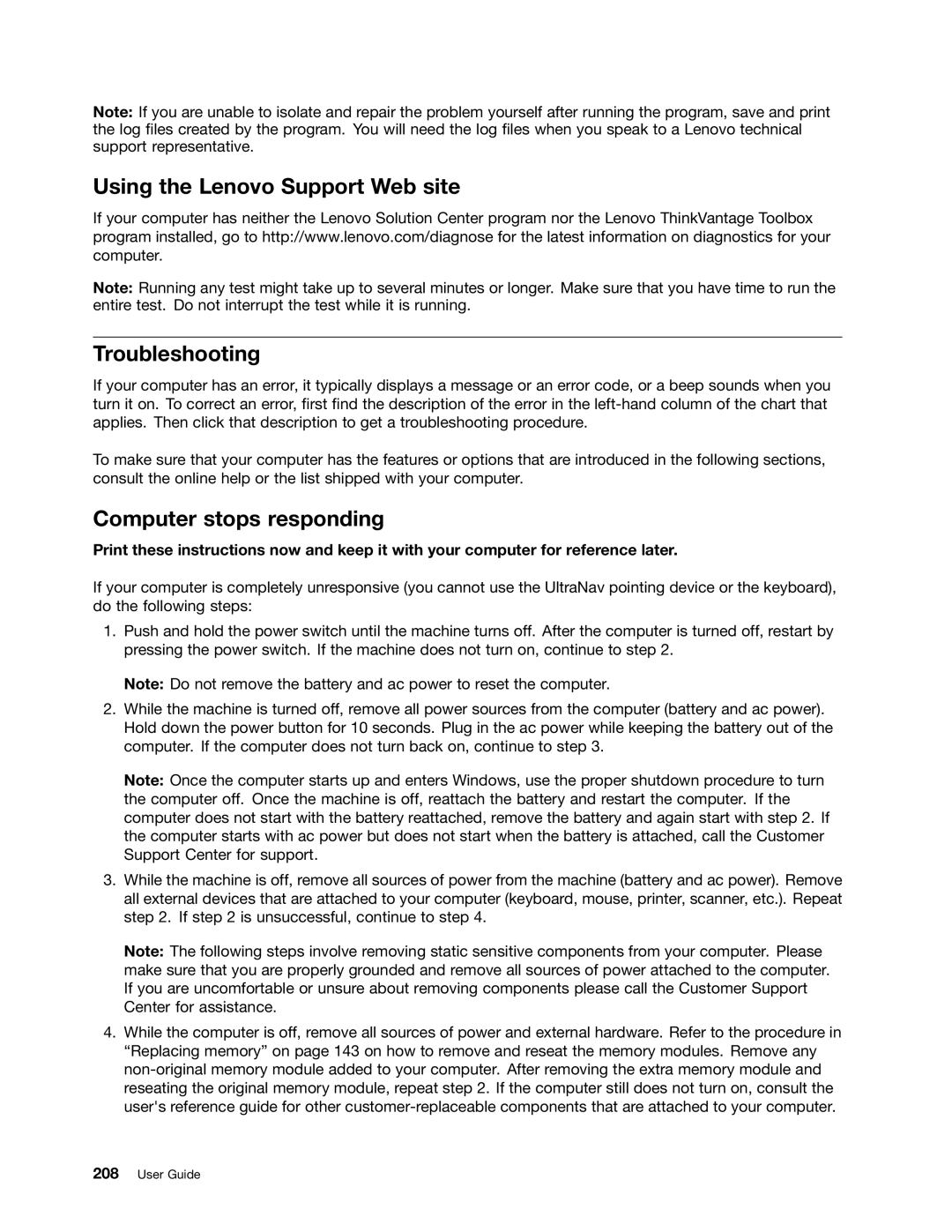 Lenovo 429040 manual Using the Lenovo Support Web site Troubleshooting, Computer stops responding 