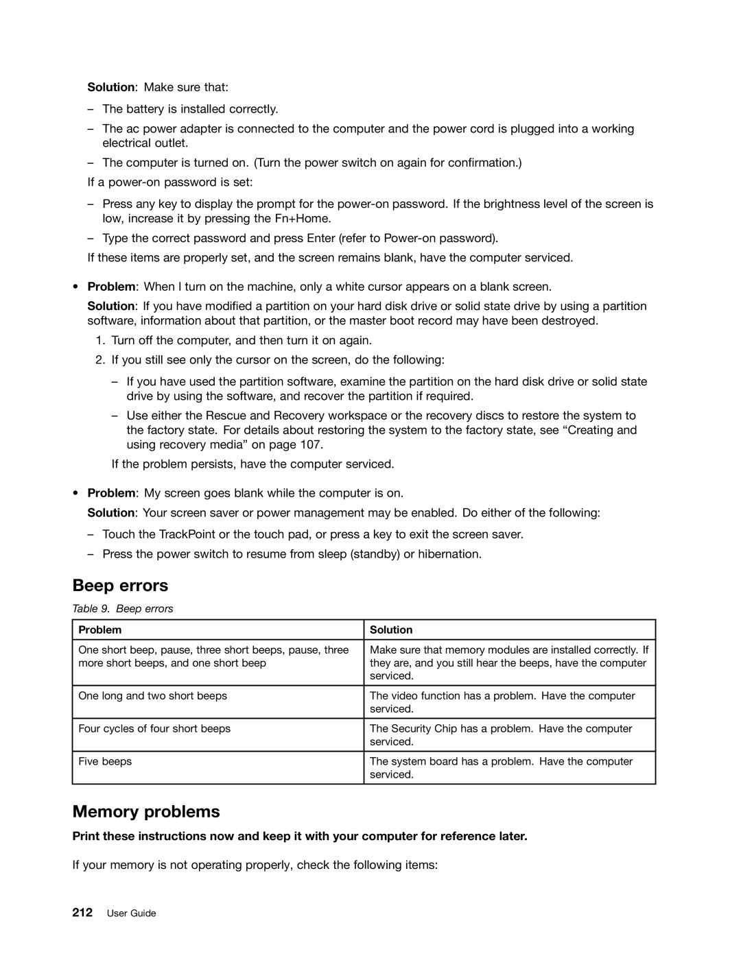 Lenovo 429040 manual Beep errors, Memory problems 