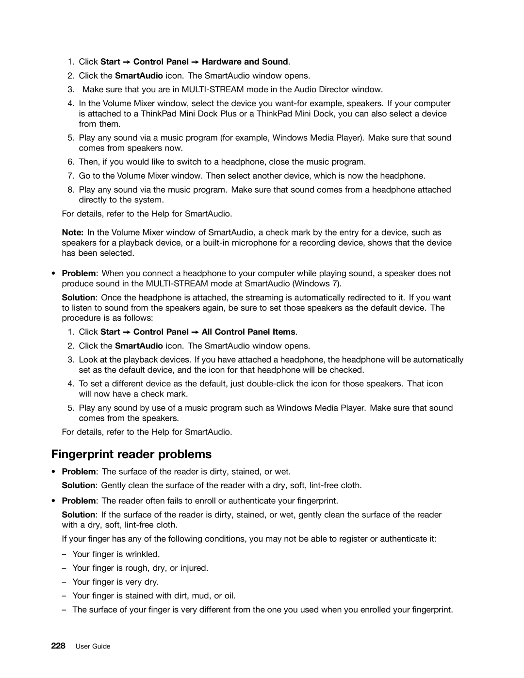 Lenovo 429040 manual Fingerprint reader problems, Click Start Control Panel Hardware and Sound 