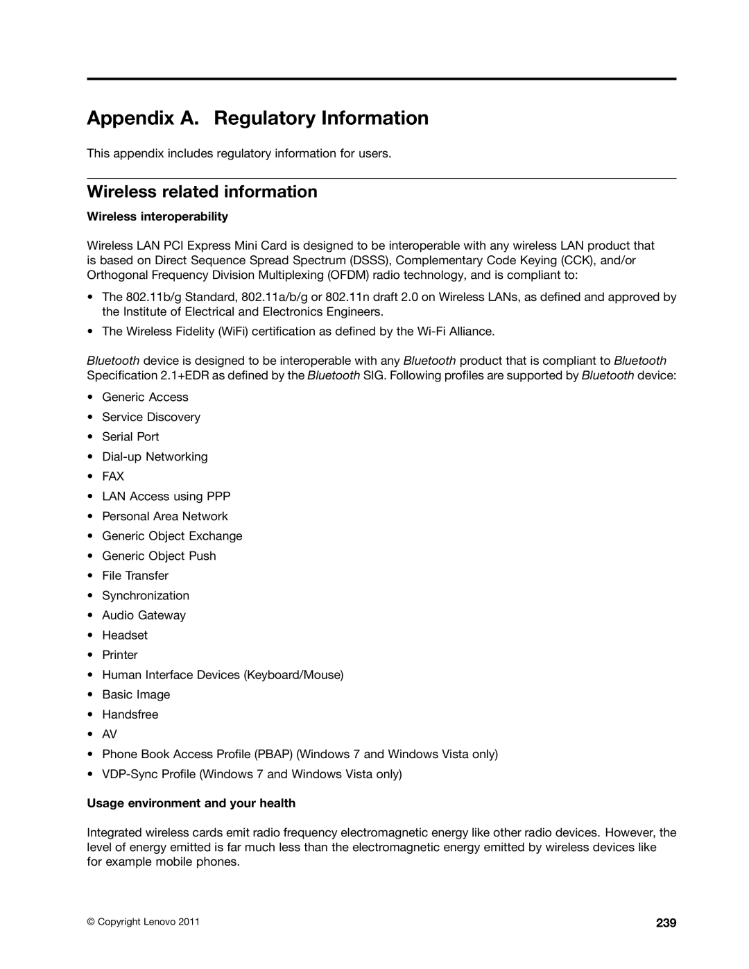 Lenovo 429040 manual Appendix A. Regulatory Information, Wireless related information, Wireless interoperability, 239 