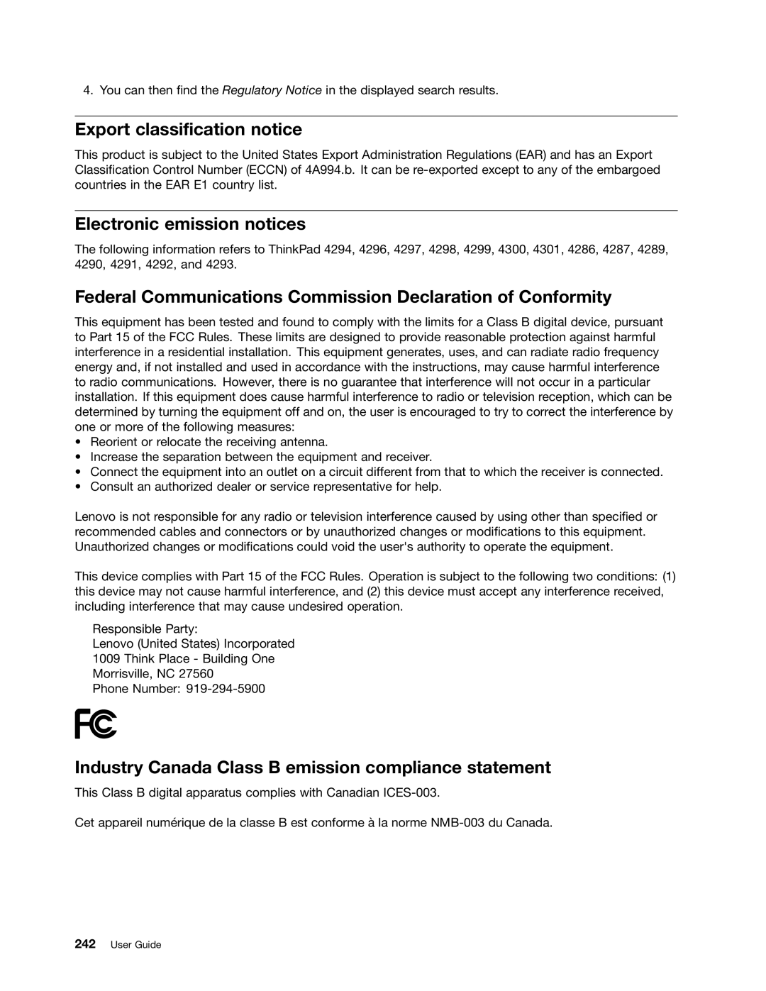 Lenovo 429040 manual Export classification notice, Electronic emission notices 