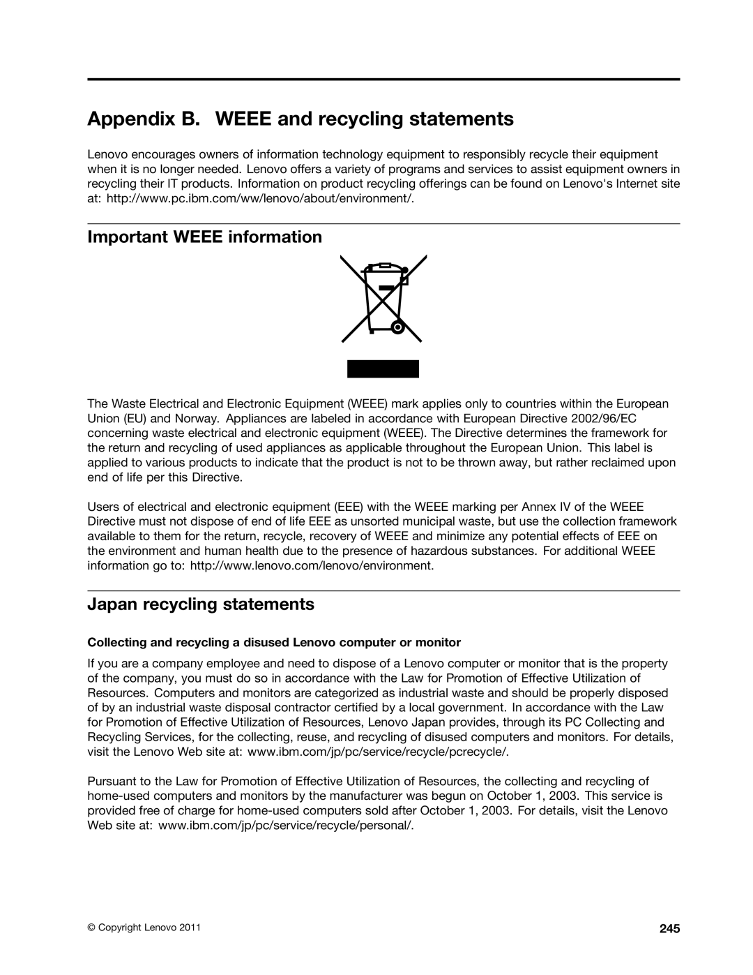 Lenovo 429040 manual Appendix B. Weee and recycling statements, Important Weee information, Japan recycling statements, 245 