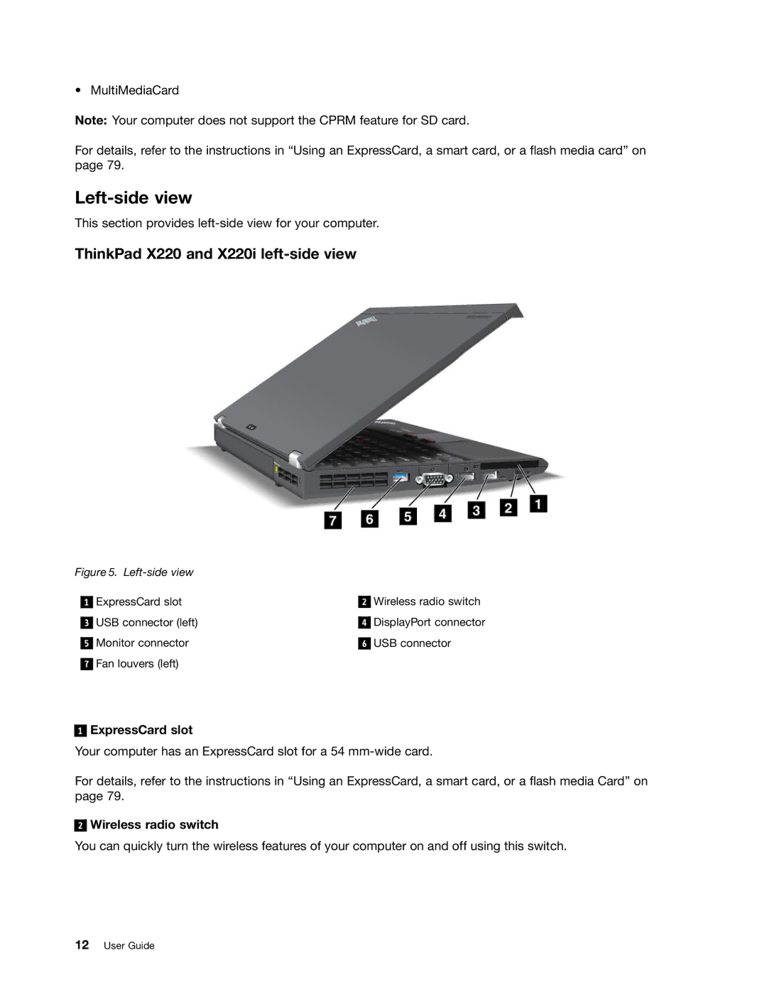 Lenovo 429040 manual Left-side view, ThinkPad X220 and X220i left-side view, ExpressCard slot, Wireless radio switch 