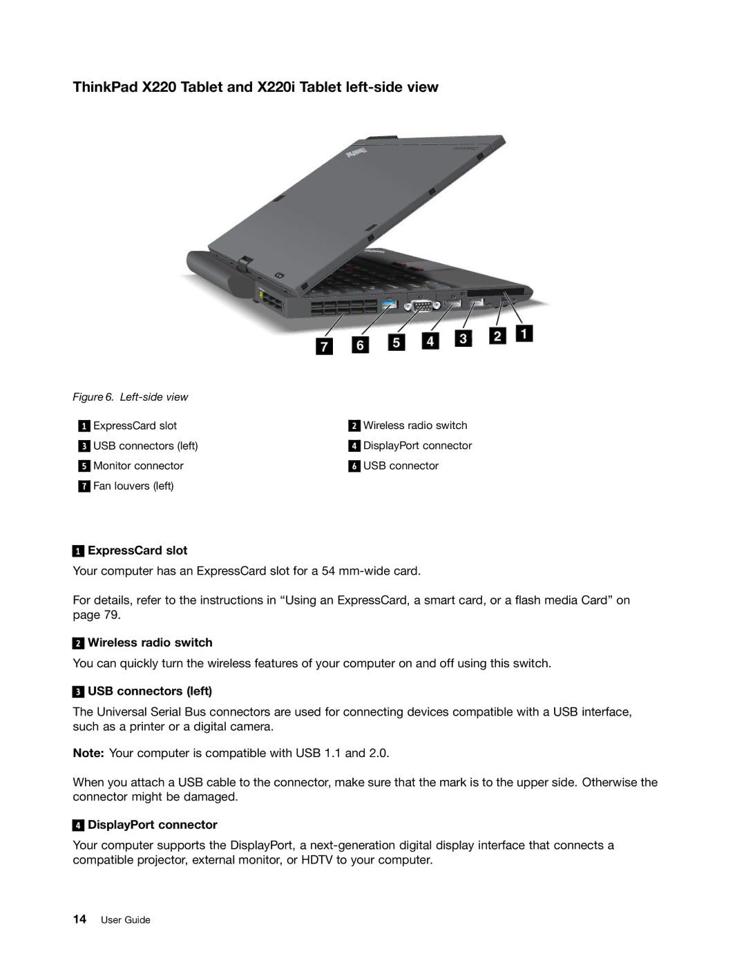 Lenovo 429040 manual ThinkPad X220 Tablet and X220i Tablet left-side view, USB connectors left 