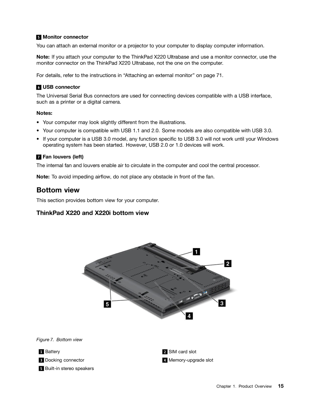 Lenovo 429040 manual Bottom view, ThinkPad X220 and X220i bottom view 