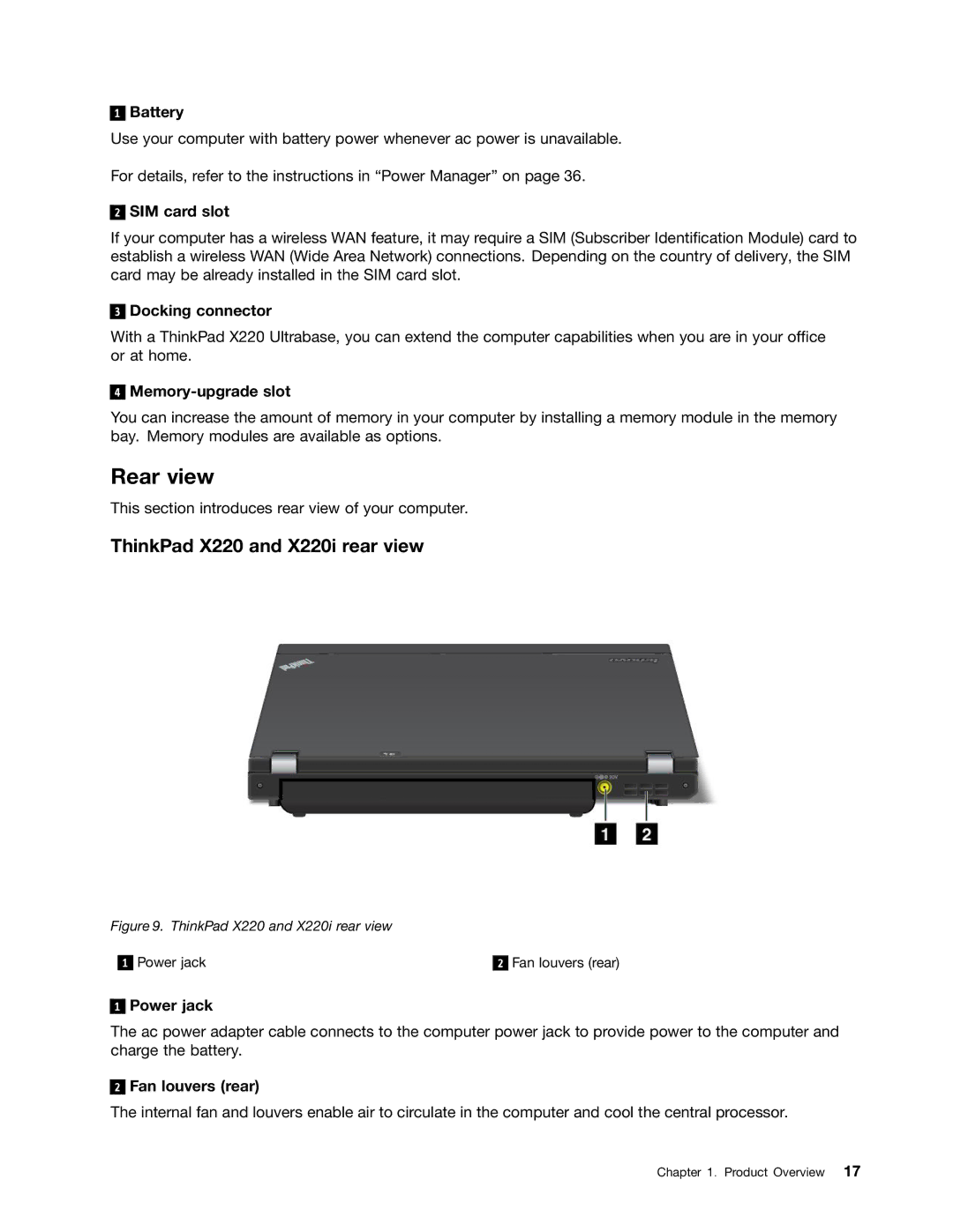 Lenovo 429040 manual Rear view, ThinkPad X220 and X220i rear view, Power jack, Fan louvers rear 