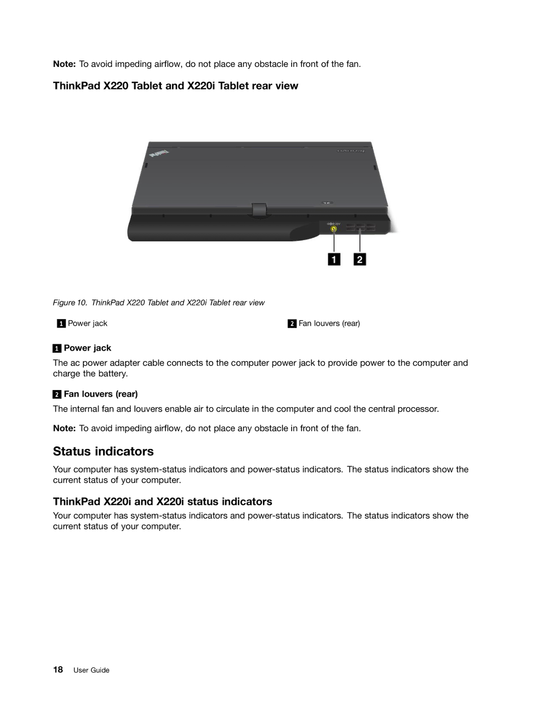 Lenovo 429040 manual Status indicators, ThinkPad X220 Tablet and X220i Tablet rear view 