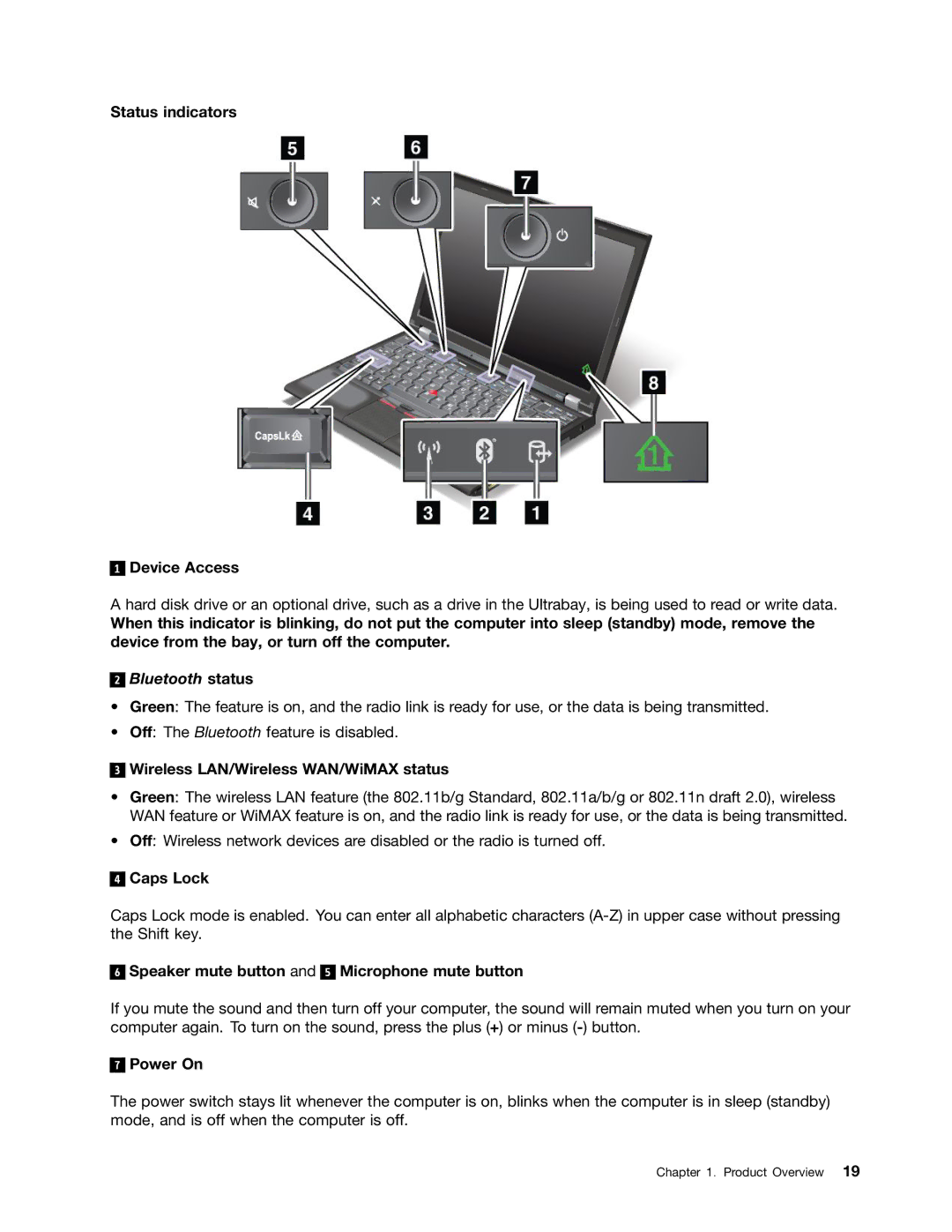 Lenovo 429040 manual Status indicators Device Access, Wireless LAN/Wireless WAN/WiMAX status, Caps Lock, Power On 