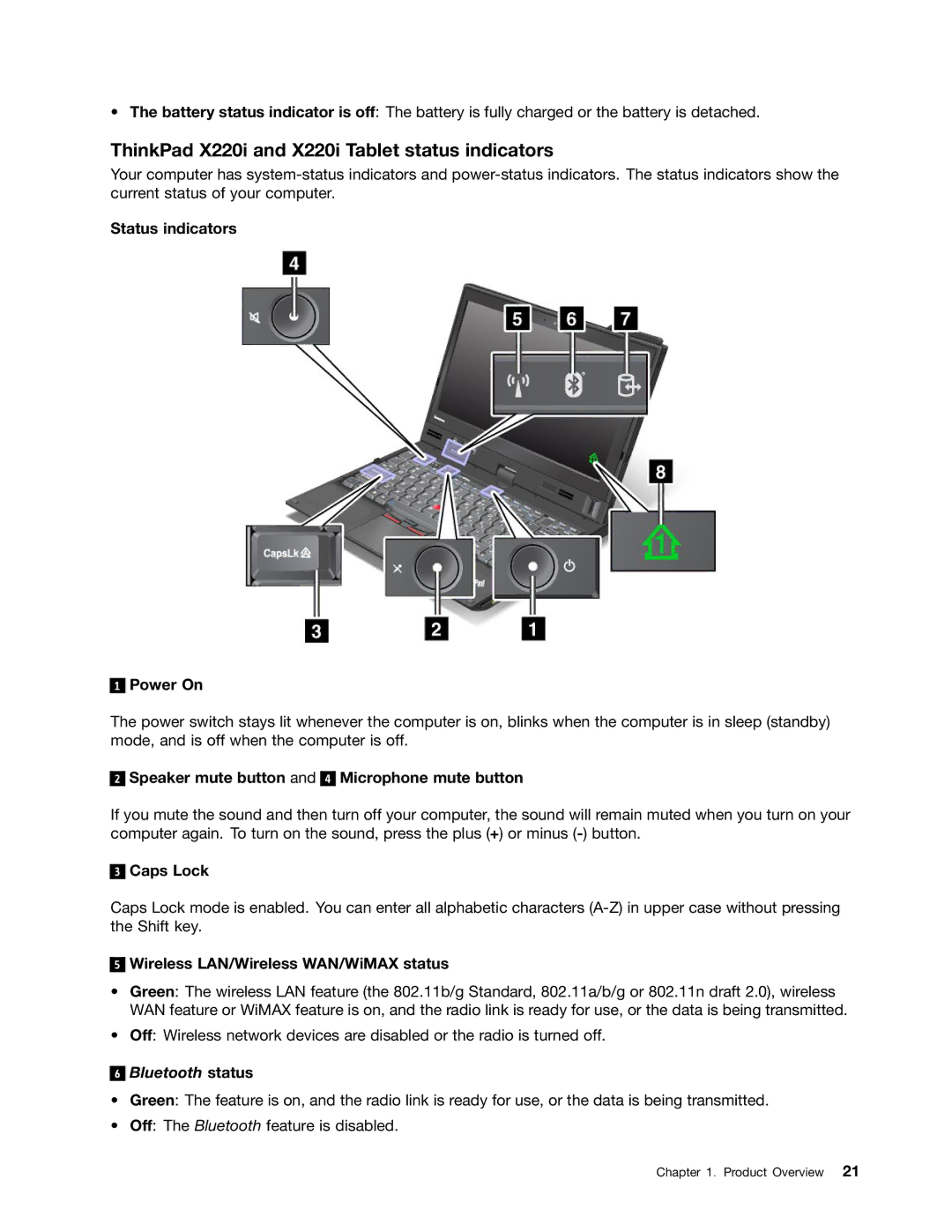 Lenovo 429040 manual ThinkPad X220i and X220i Tablet status indicators, Status indicators Power On 