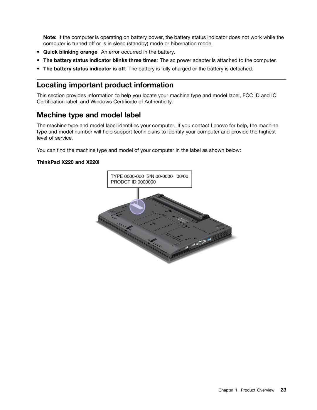 Lenovo 429040 manual Locating important product information, Machine type and model label, ThinkPad X220 