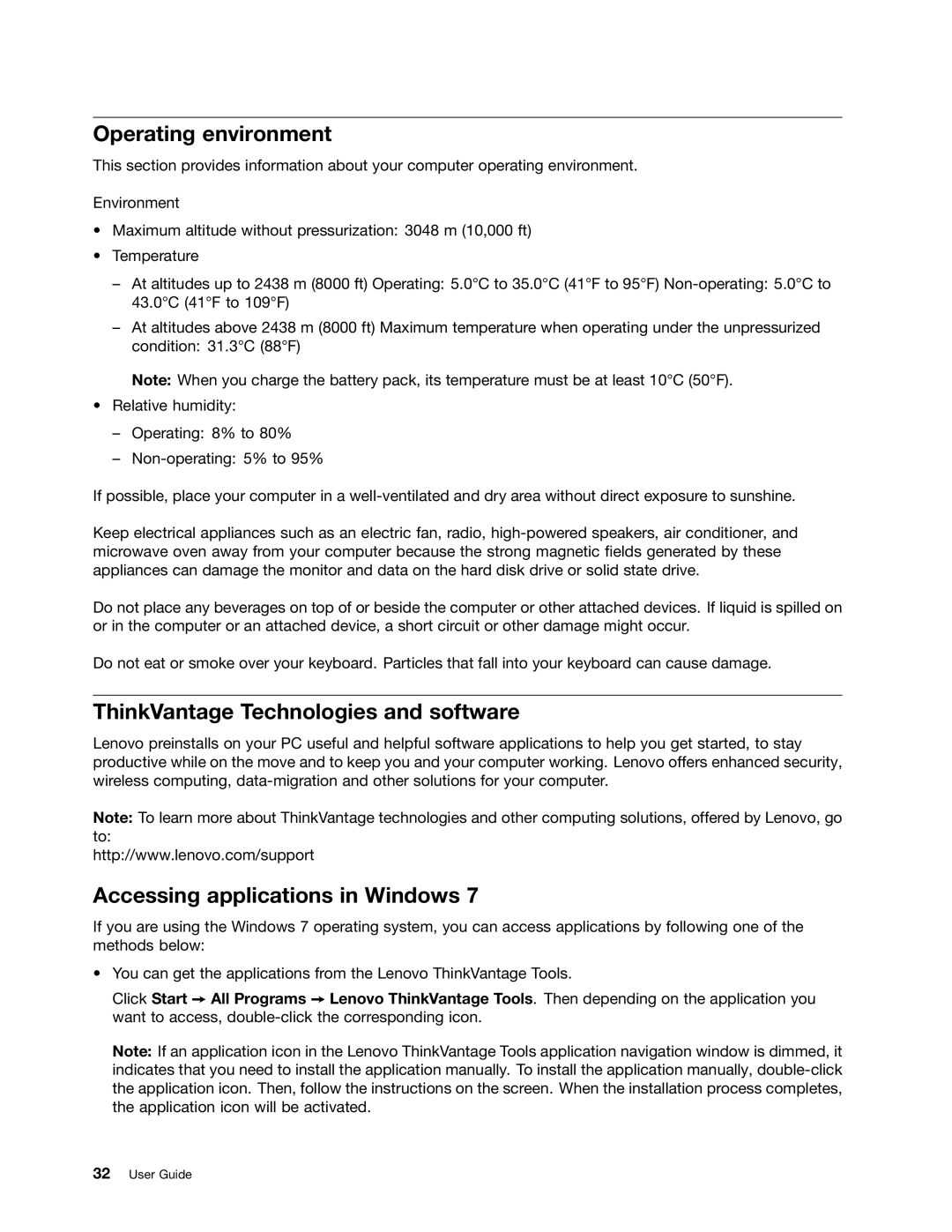 Lenovo 429040 manual Operating environment, ThinkVantage Technologies and software, Accessing applications in Windows 