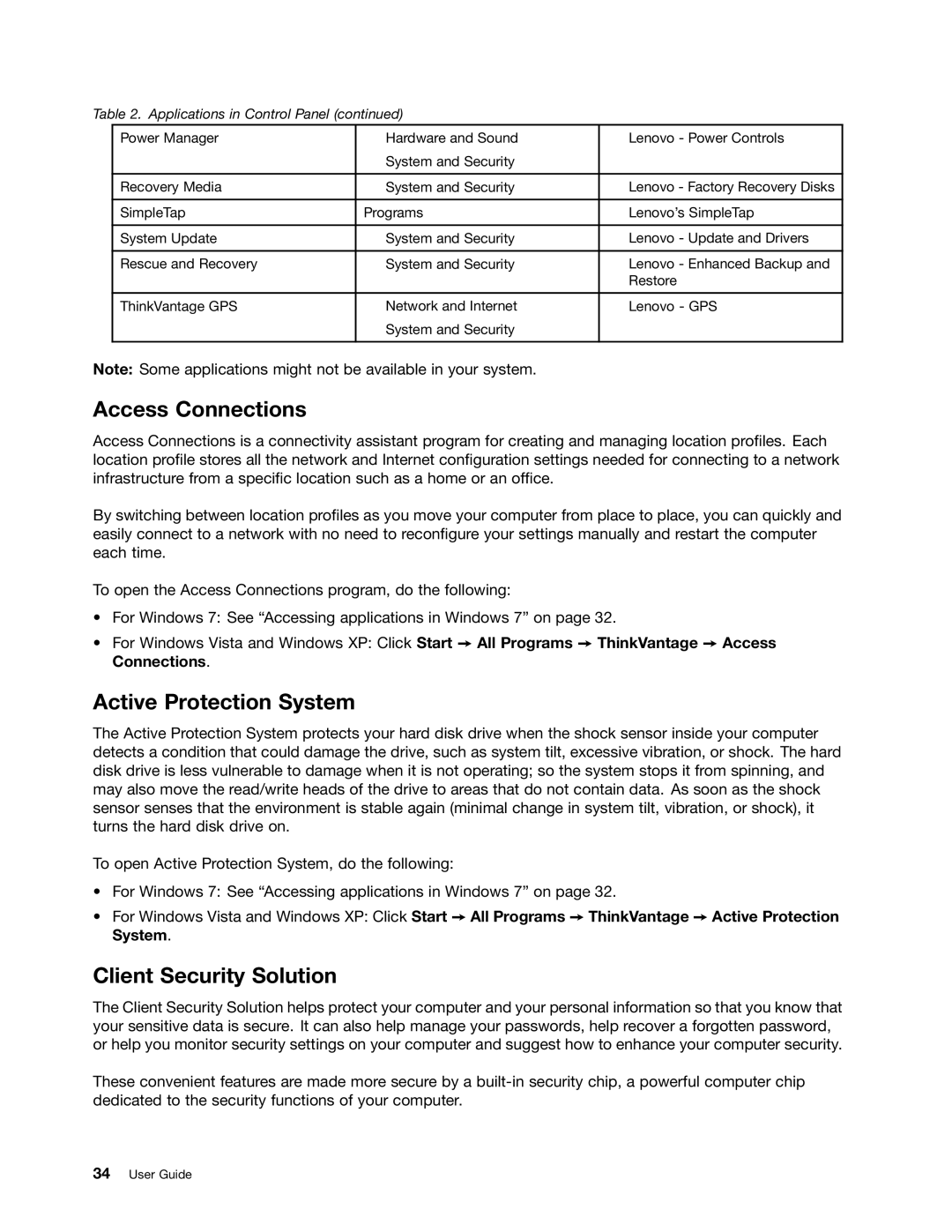 Lenovo 429040 manual Access Connections, Active Protection System, Client Security Solution 