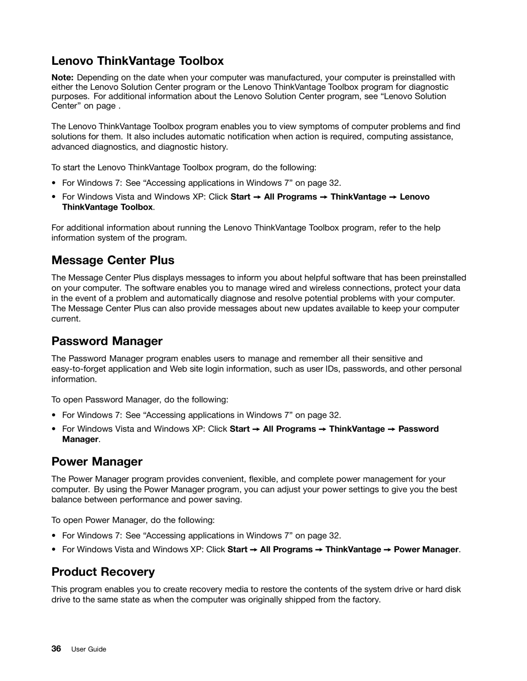 Lenovo 429040 manual Lenovo ThinkVantage Toolbox, Message Center Plus, Password Manager, Power Manager, Product Recovery 