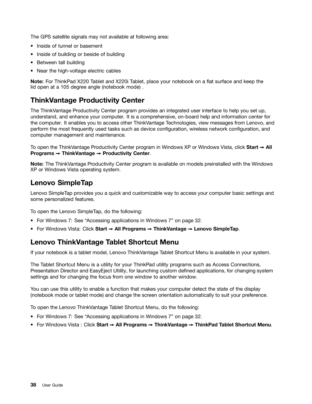 Lenovo 429040 manual ThinkVantage Productivity Center, Lenovo SimpleTap, Lenovo ThinkVantage Tablet Shortcut Menu 
