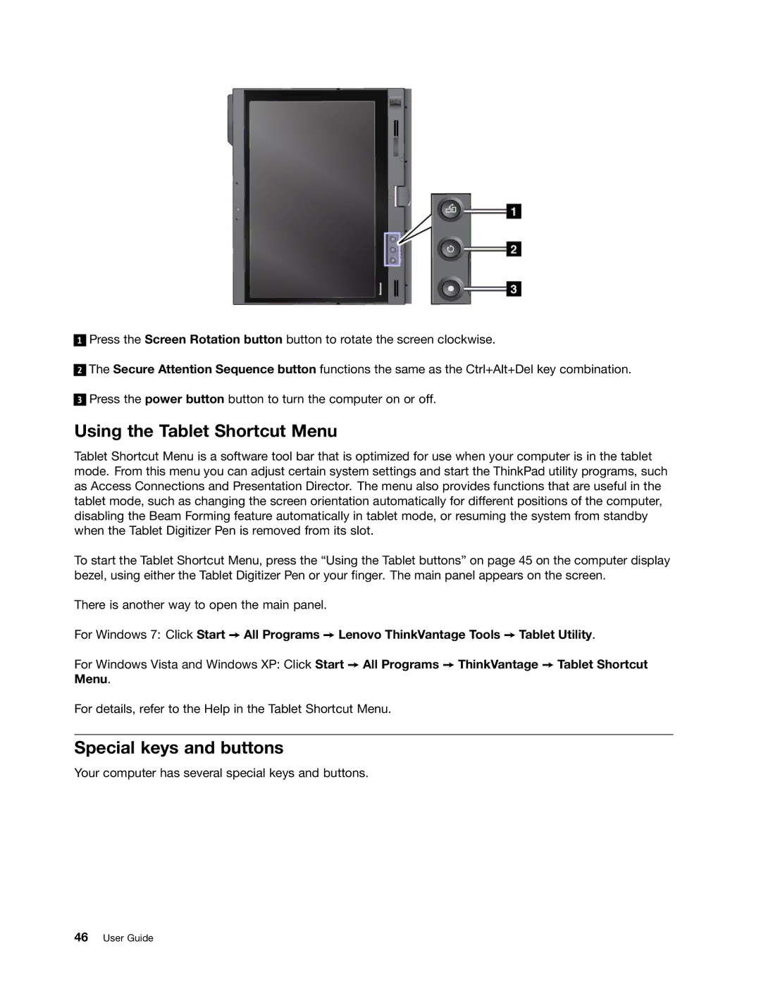 Lenovo 429040 manual Using the Tablet Shortcut Menu, Special keys and buttons 