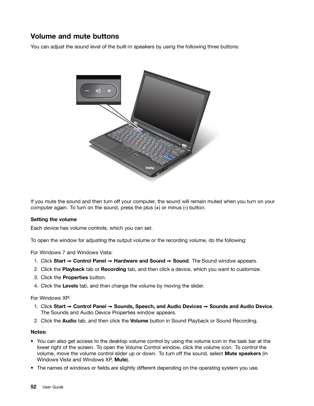 Lenovo 429040 manual Volume and mute buttons, Setting the volume 