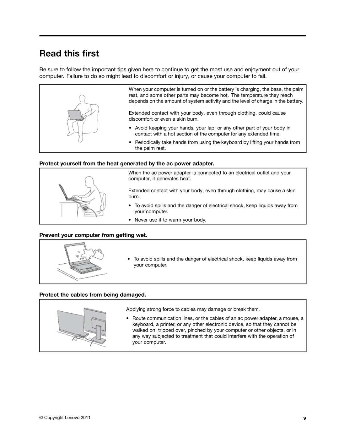 Lenovo 429040 manual Read this first, Prevent your computer from getting wet, Protect the cables from being damaged 