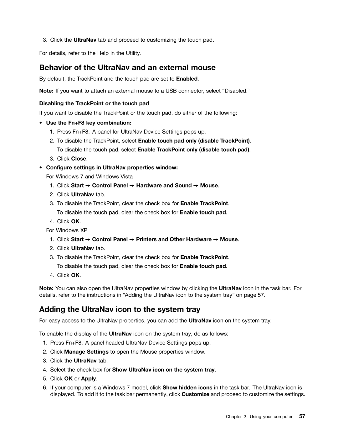 Lenovo 429040 manual Behavior of the UltraNav and an external mouse, Adding the UltraNav icon to the system tray 