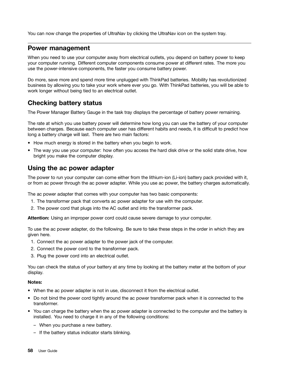 Lenovo 429040 manual Power management, Checking battery status, Using the ac power adapter 