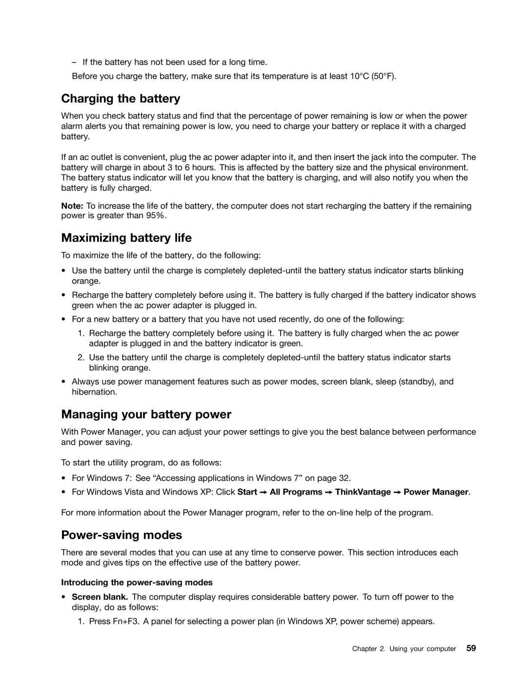 Lenovo 429040 manual Charging the battery, Maximizing battery life, Managing your battery power, Power-saving modes 