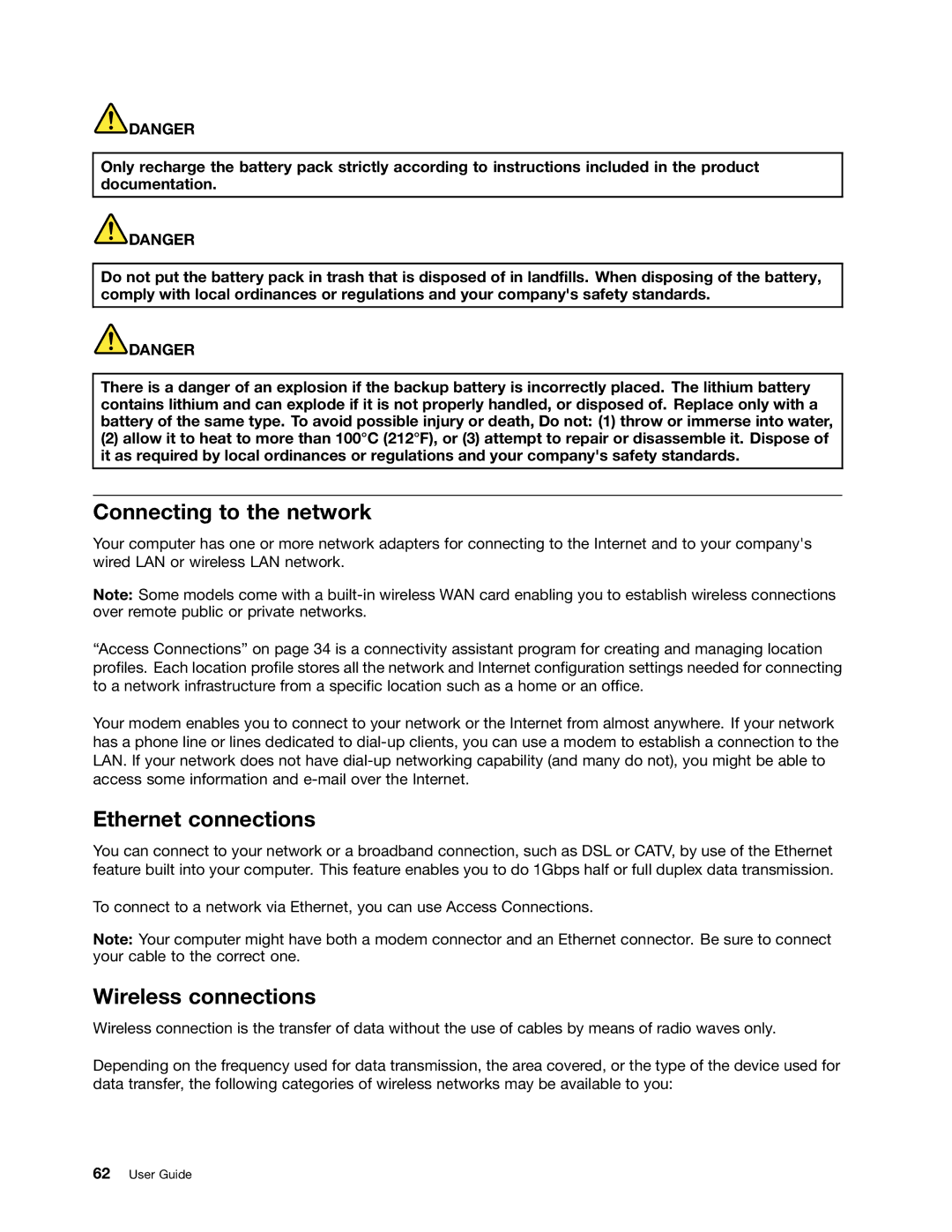 Lenovo 429040 manual Connecting to the network, Ethernet connections, Wireless connections 