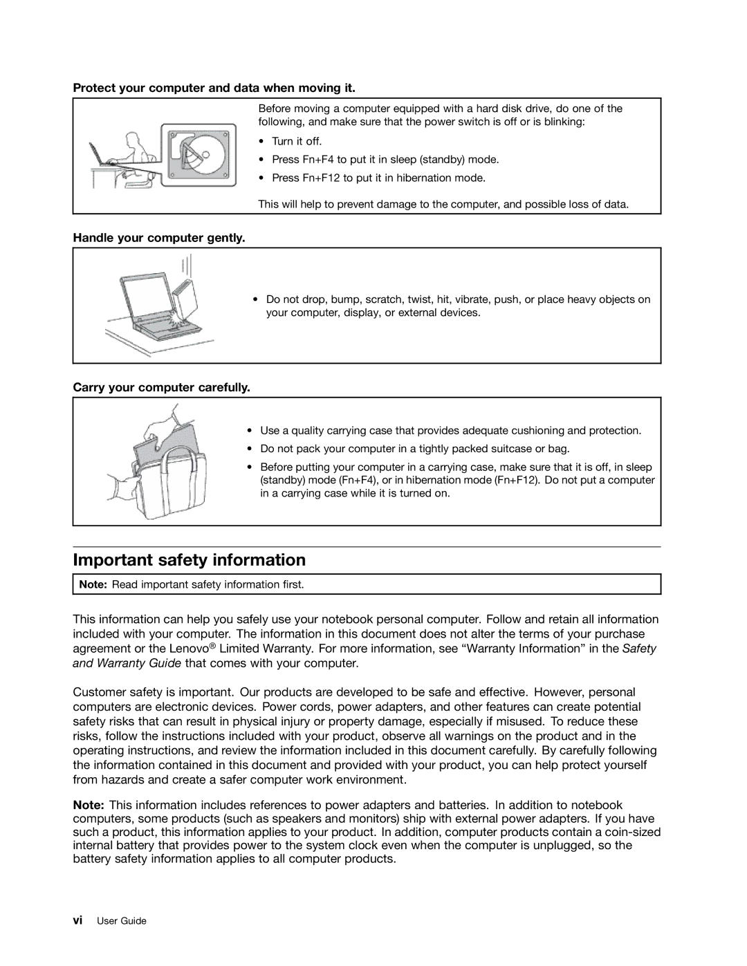 Lenovo 429040 Important safety information, Protect your computer and data when moving it, Handle your computer gently 