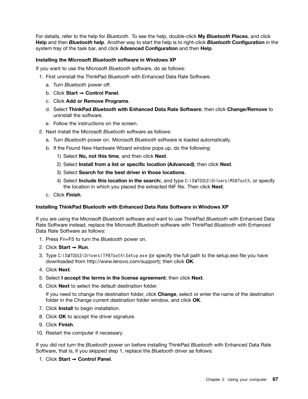Lenovo 429040 manual Installing the Microsoft Bluetooth software in Windows XP, Click Start Run, Click Start Control Panel 