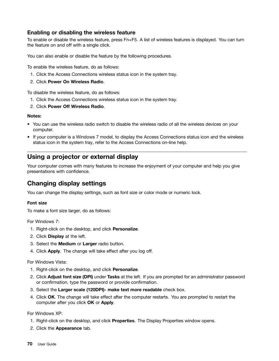 Lenovo 429040 Using a projector or external display, Changing display settings, Enabling or disabling the wireless feature 