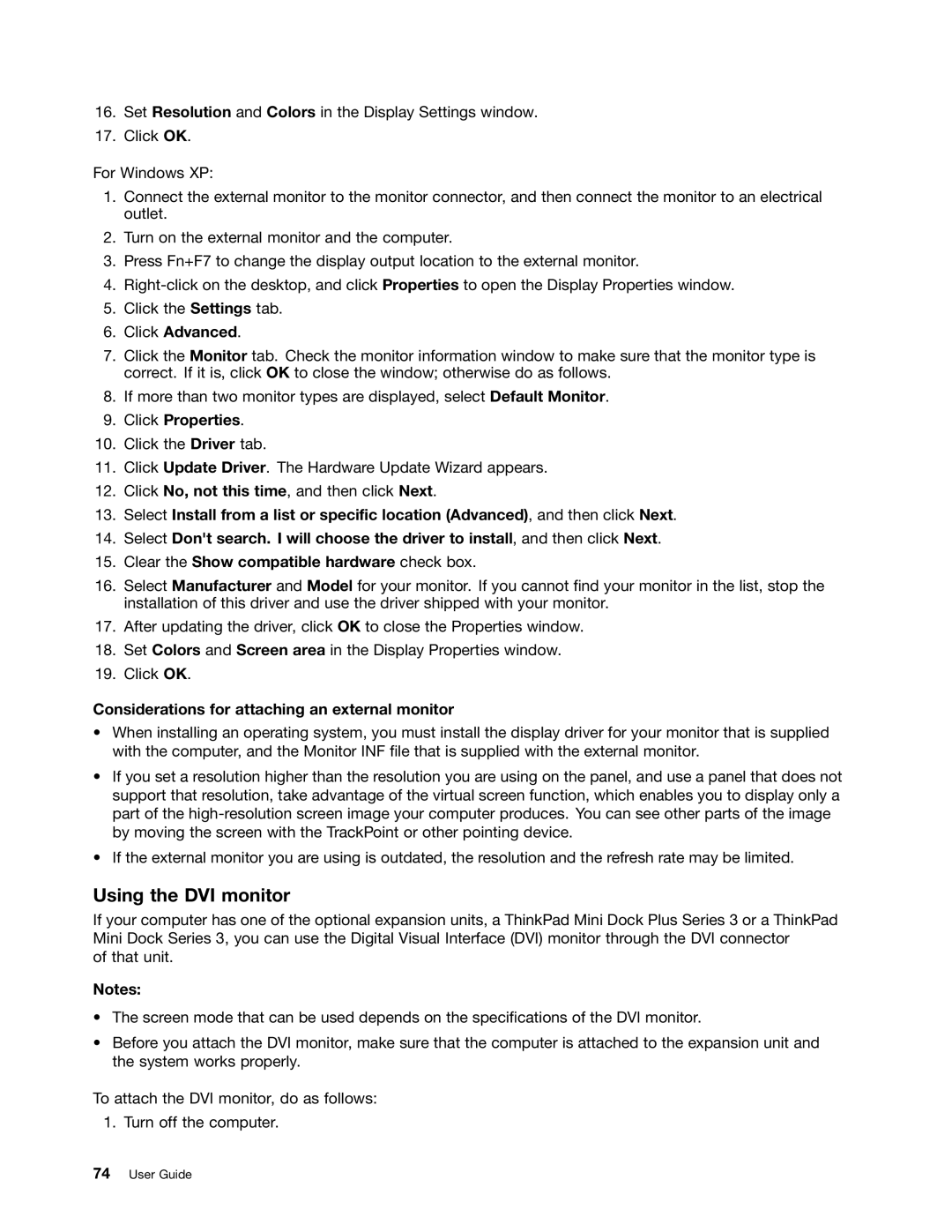 Lenovo 429040 manual Using the DVI monitor, Click Advanced, Considerations for attaching an external monitor 