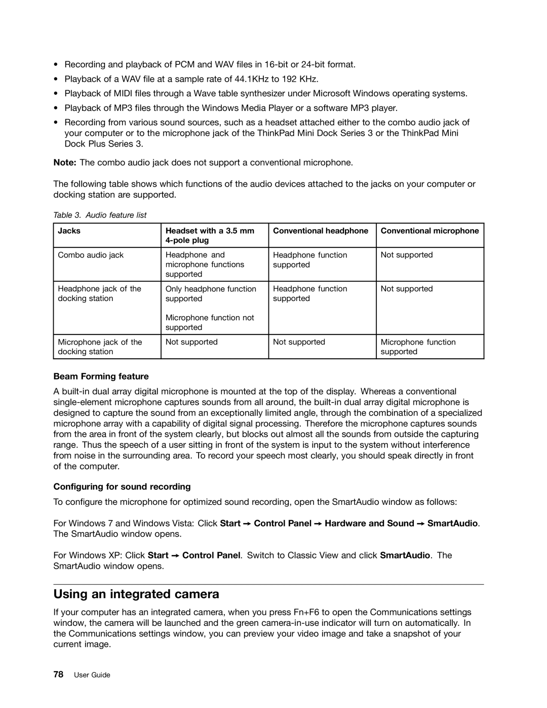 Lenovo 429040 manual Using an integrated camera, Beam Forming feature, Configuring for sound recording 