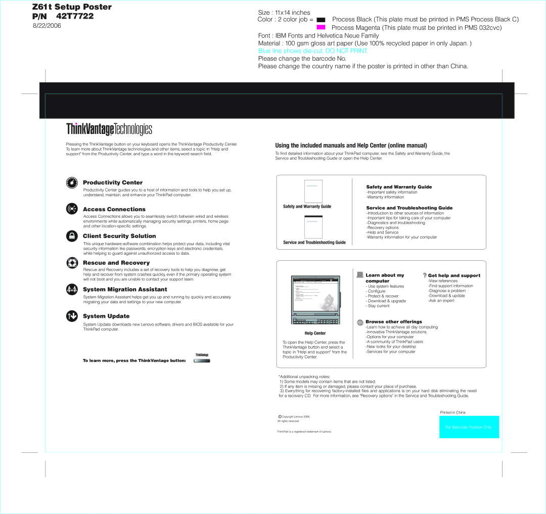 Lenovo 42T7722 warranty Using the included manuals and Help Center online manual 