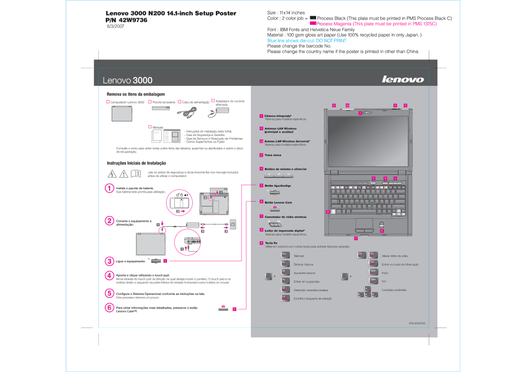 Lenovo 42W9736 manual Remova os itens da embalagem, Instruções Iniciais de Instalação, Câmera integrada, Tecla Fn 