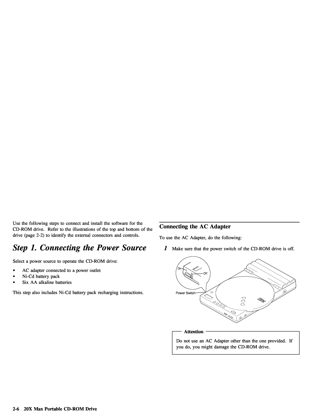 Lenovo 4304493 manual Step, Source, Connecting the AC Adapter, Power, 2-6 20X Max Portable CD-ROM Drive 