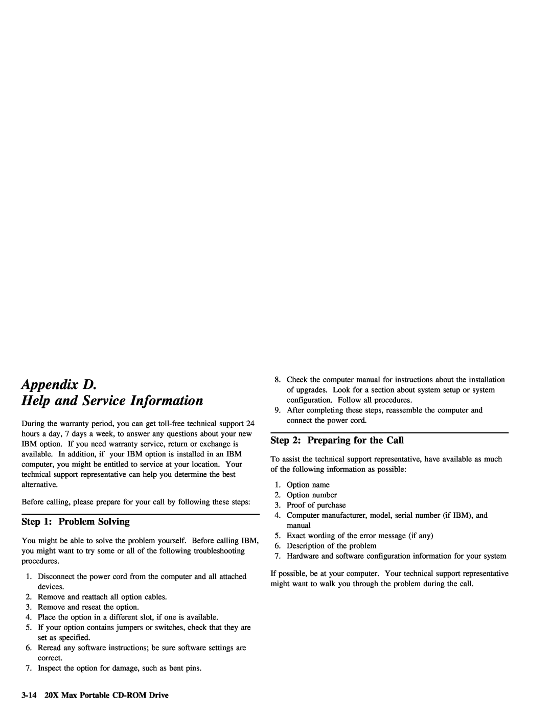 Lenovo 4304493 manual Service, Appendix D, Step, Call, Help, Information, 3-14 20X Max Portable CD-ROM Drive 