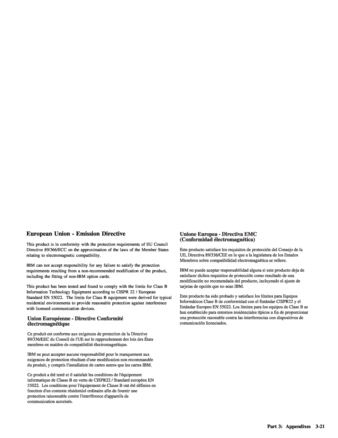 Lenovo 4304493 manual Directive, 3-21, Emission, Cispr 
