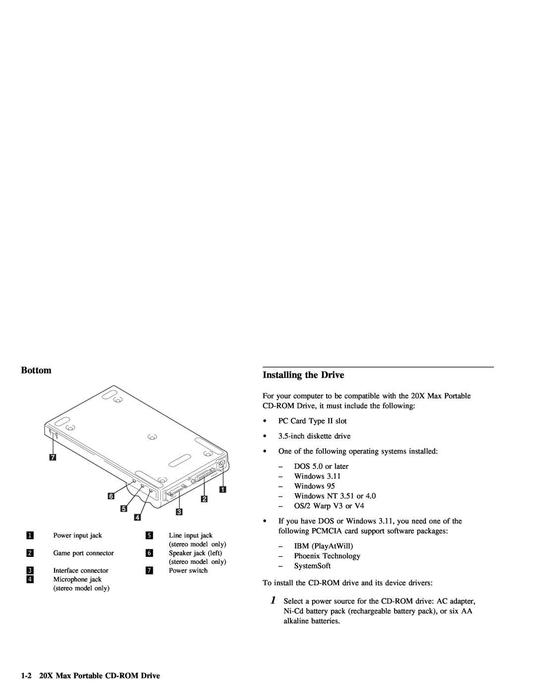 Lenovo 4304493 manual Bottom, Installing, 1-2 20X Max Portable CD-ROM Drive 