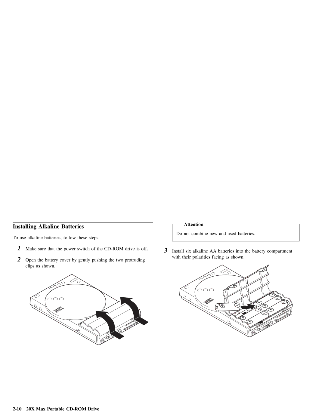 Lenovo 4304493 manual Installing Alkaline Batteries, 10 20X Max Portable CD-ROM Drive 