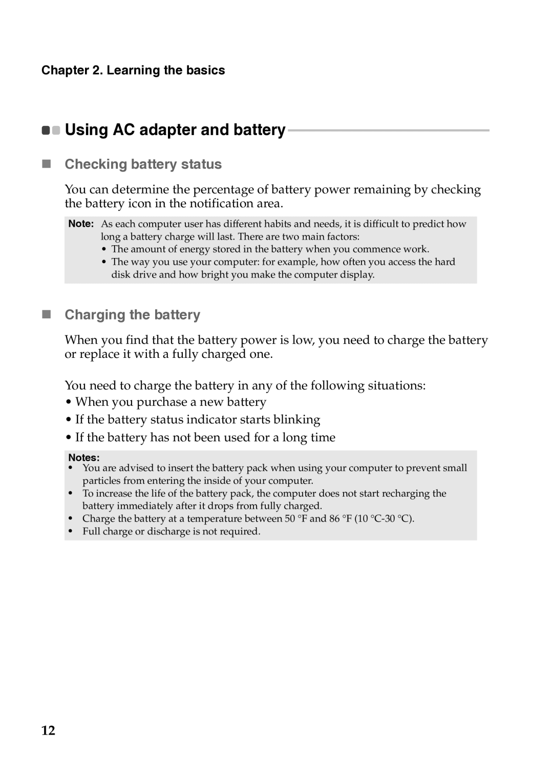 Lenovo G570, 4334EAU, G575, G475, G470 manual „ Checking battery status, „ Charging the battery 