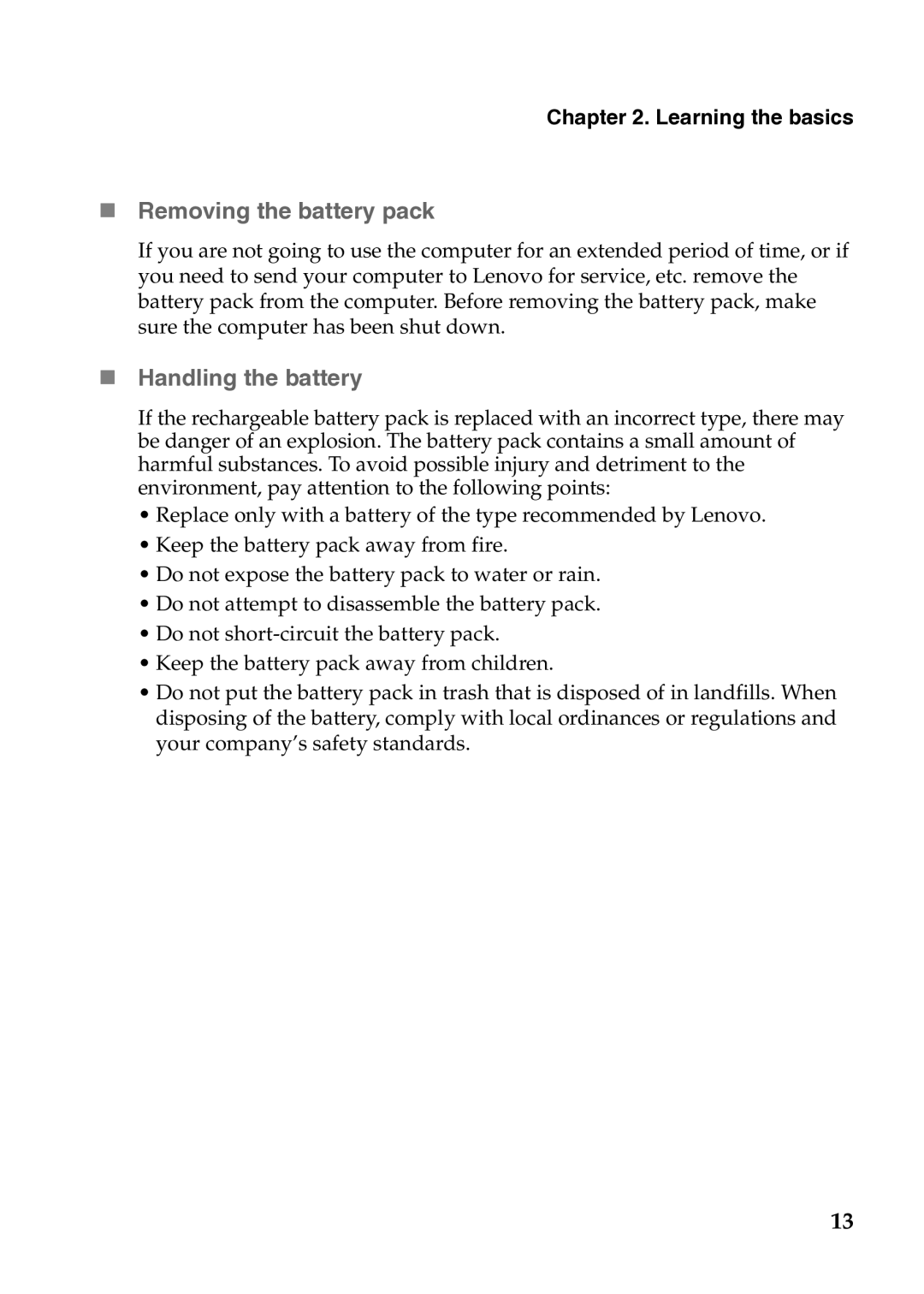 Lenovo G575, 4334EAU, G570, G475, G470 manual „ Removing the battery pack, „ Handling the battery 