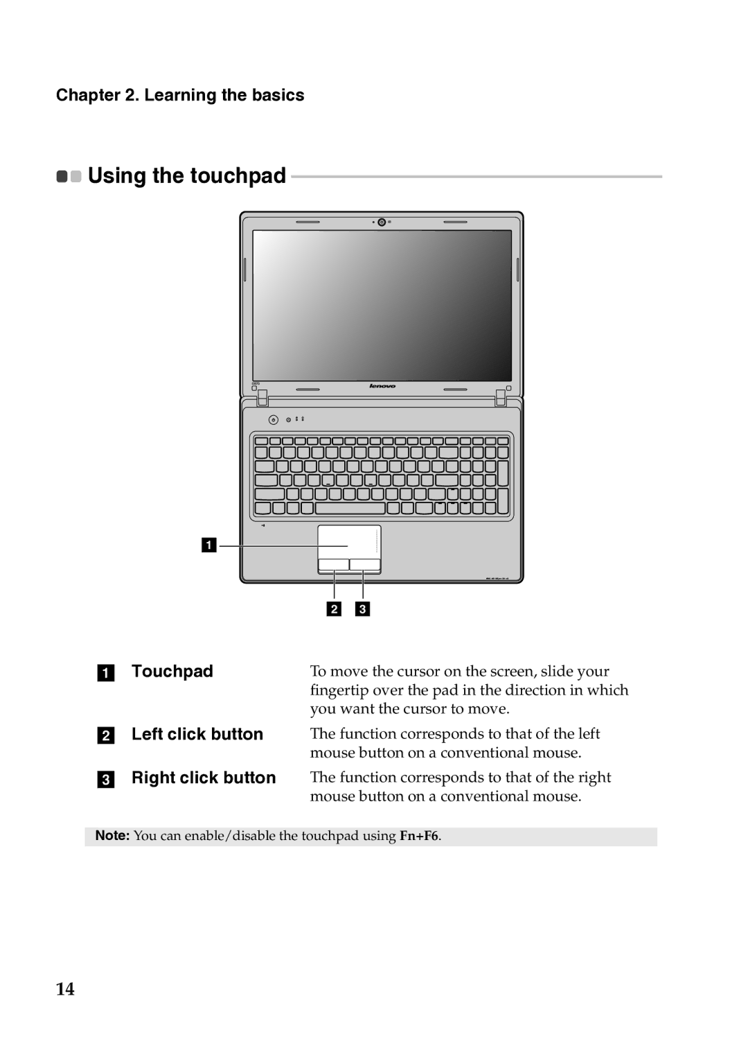 Lenovo G475, 4334EAU, G570, G575, G470 manual Using the touchpad, Touchpad Left click button Right click button 