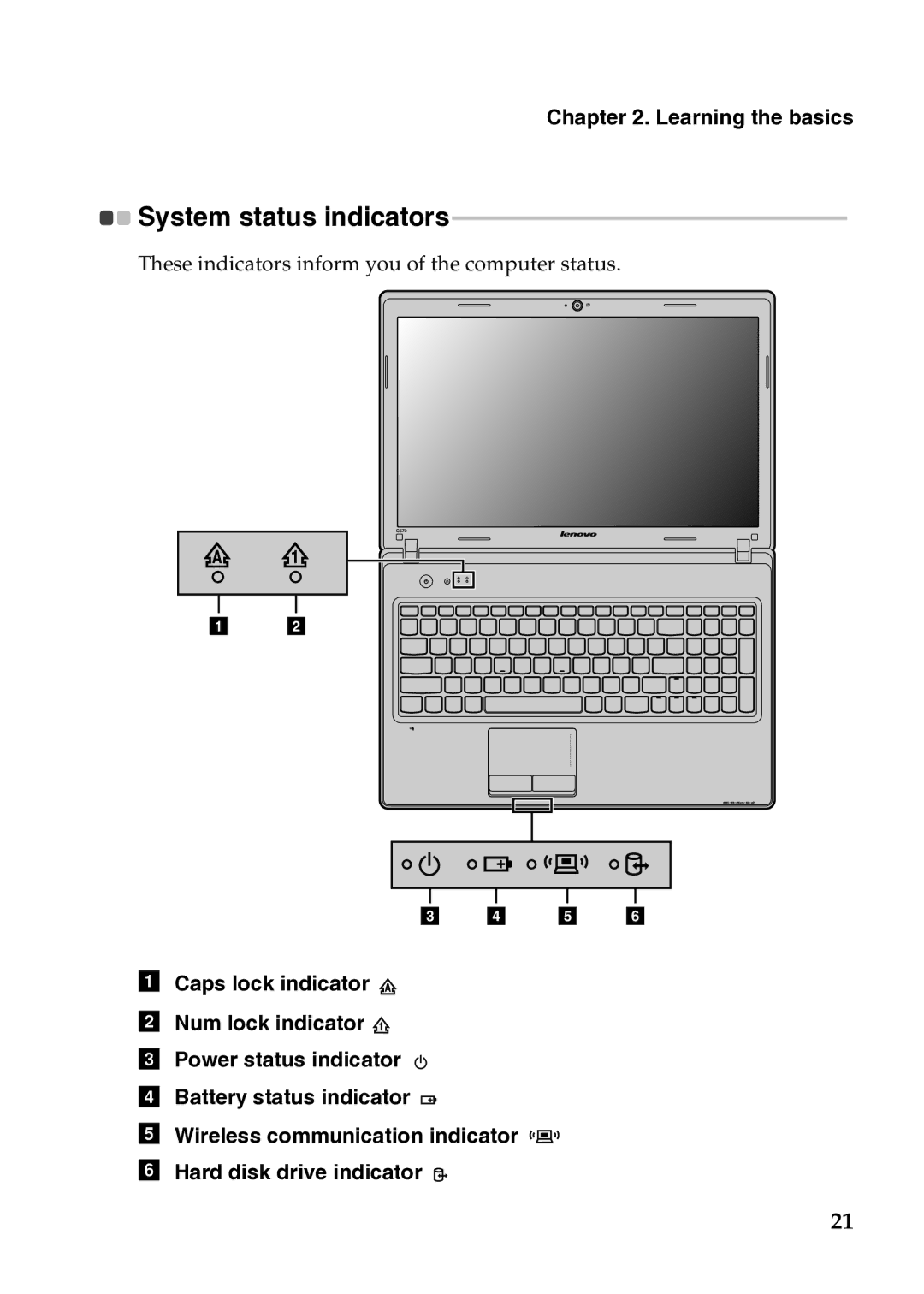 Lenovo 4334EAU, G570, G575, G475, G470 manual System status indicators 