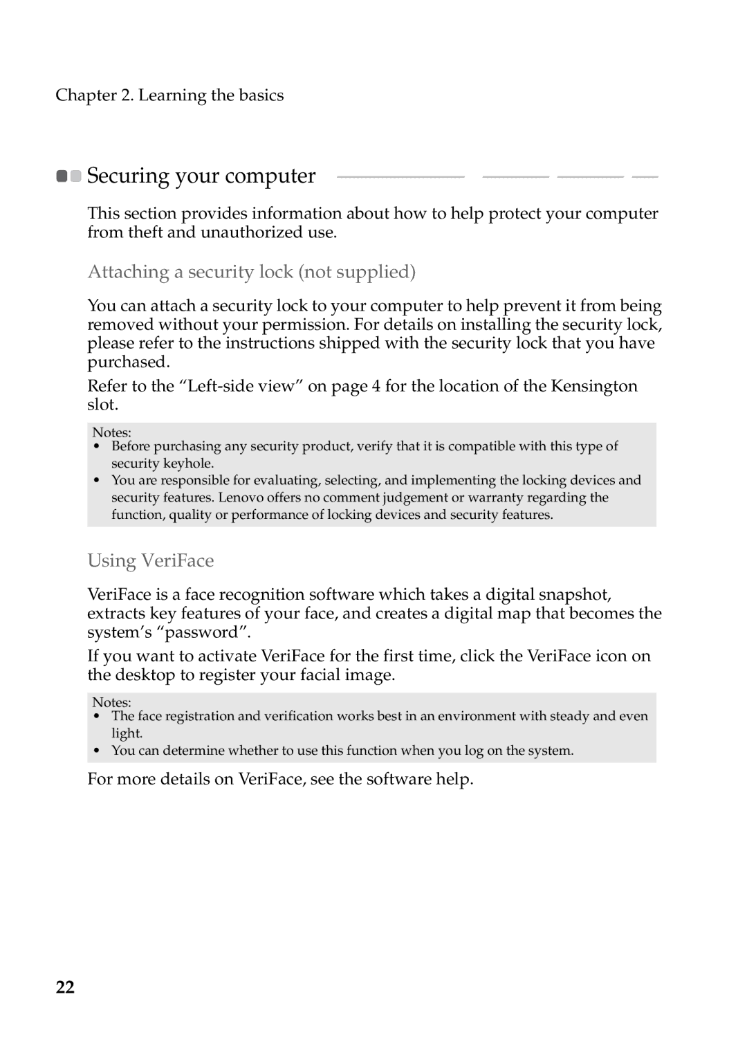 Lenovo G570, 4334EAU, G575, G475, G470 „ Attaching a security lock not supplied, „ Using VeriFace, Securing your computer 