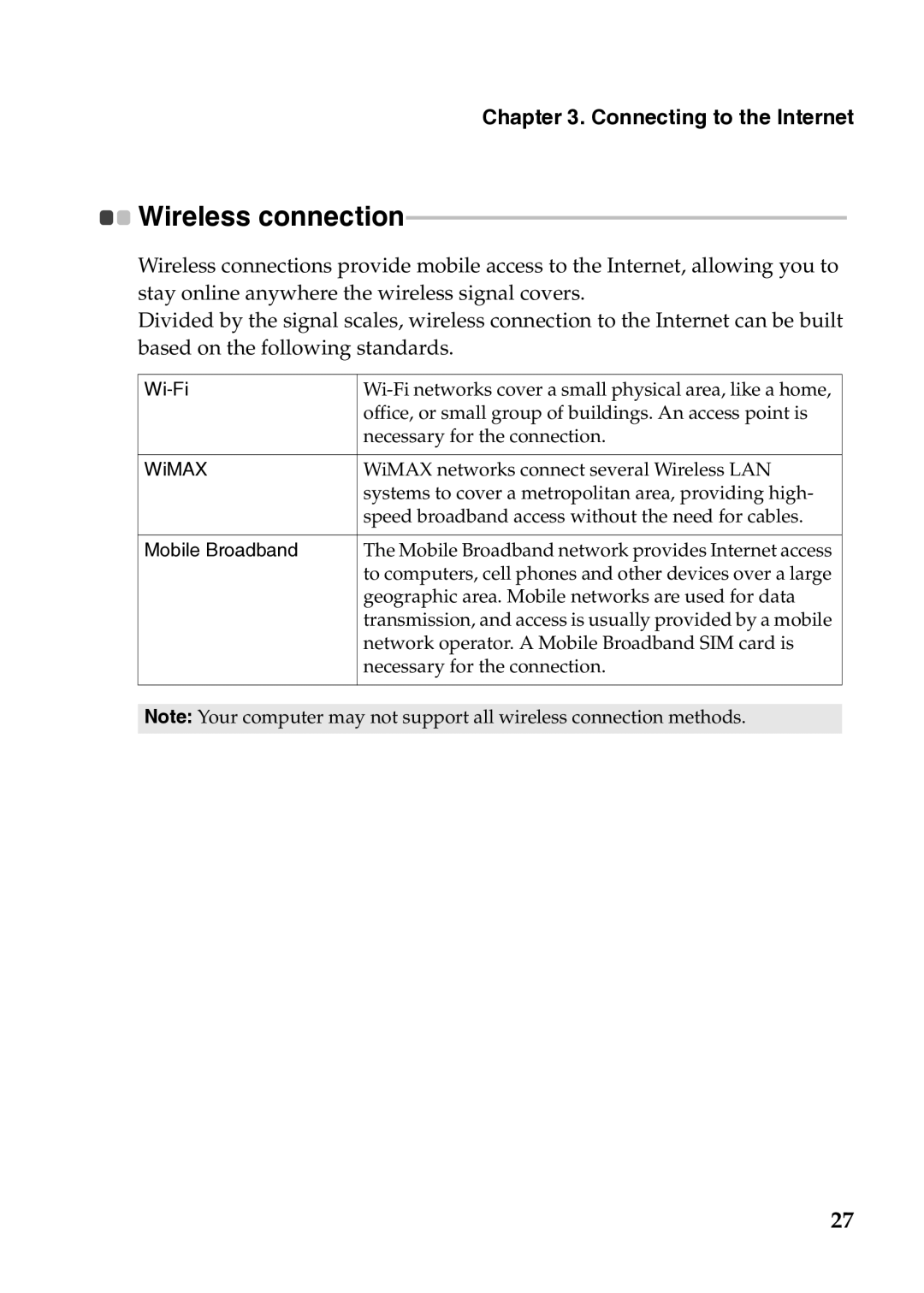 Lenovo G570, 4334EAU, G575, G475, G470 manual Wireless connection, Wi-Fi 